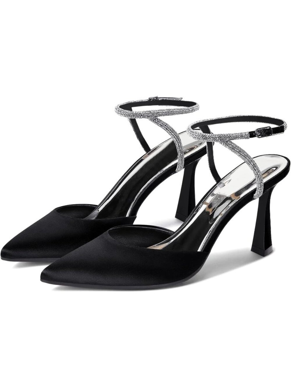 Women's Black Rhinestone Heels Kitten High Satin Pumps Pointed Toe Sparkly Shoes